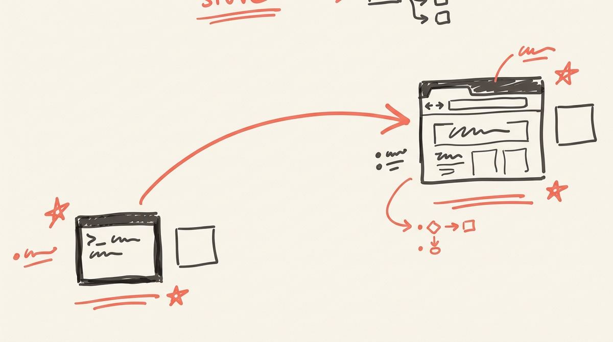 A loose whiteboard sketch: a terminal window with a long arrow arcing over to a browser window.